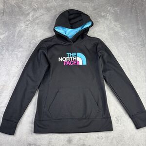 The North Face Hoodie Womens Small Black Blue Logo Pullover Fleece Sweatshirt